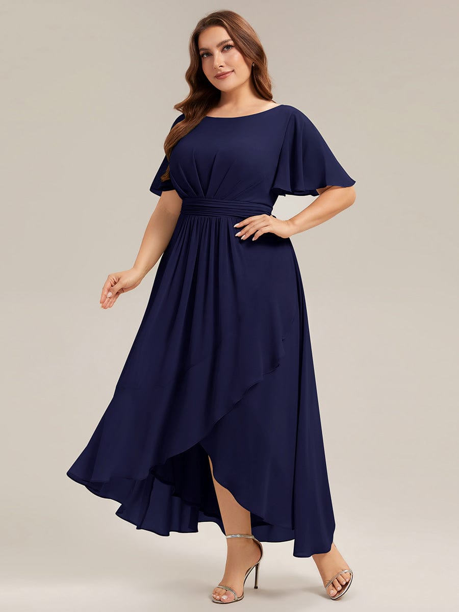 Ruched Chiffon Ruffle Sleeve Dress #color_Navy Blue