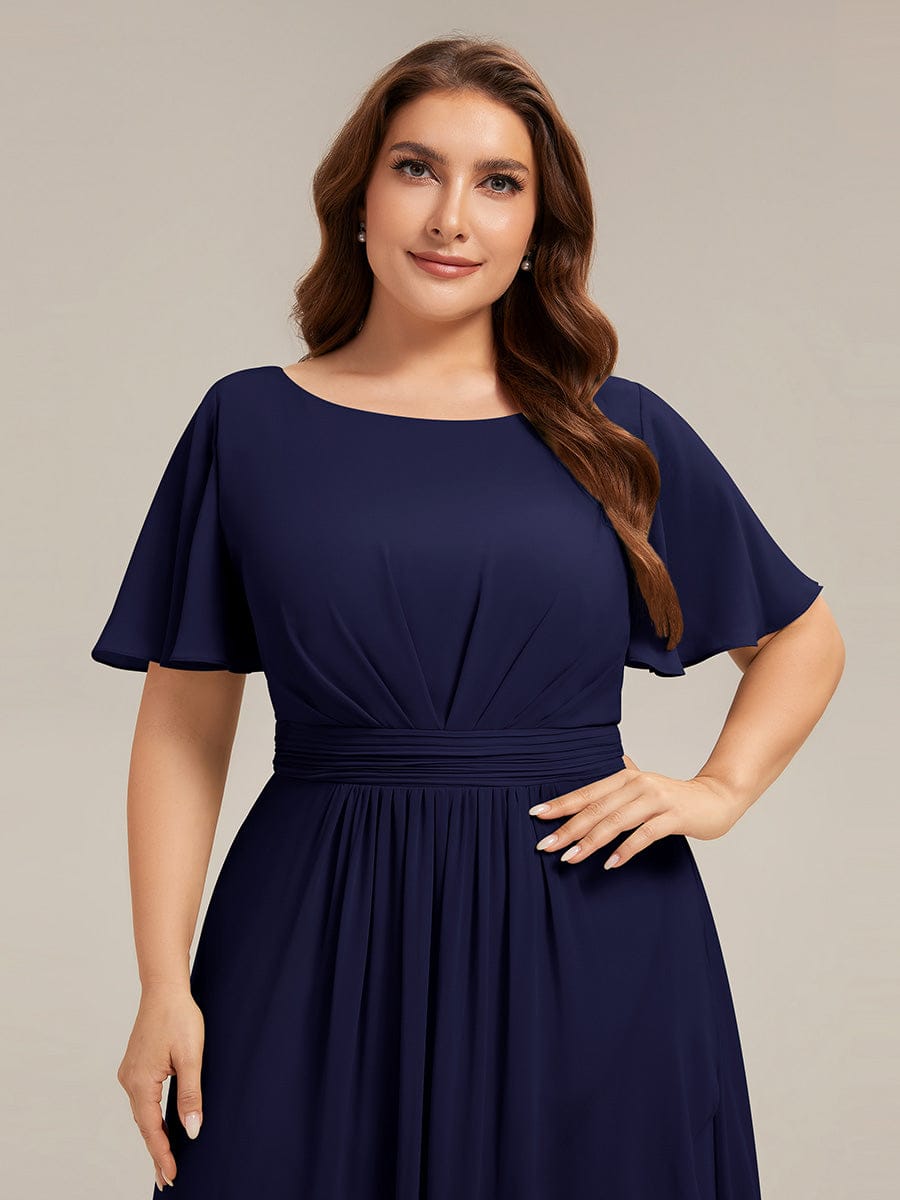 Ruched Chiffon Ruffle Sleeve Dress #color_Navy Blue