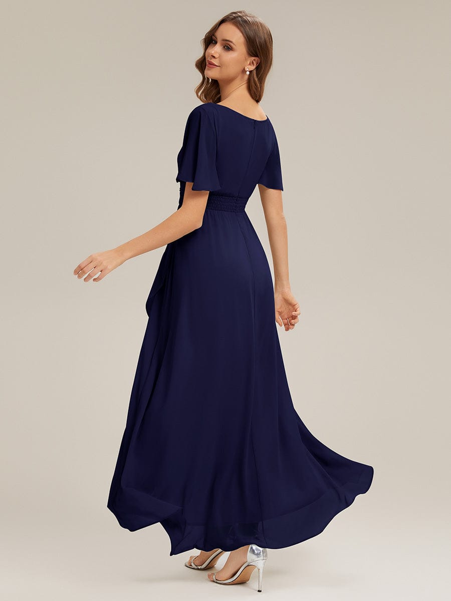 Ruched Chiffon Ruffle Sleeve Dress #color_Navy Blue
