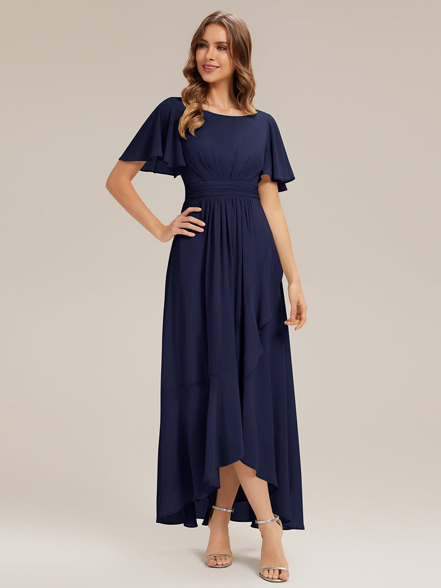 Ruched Chiffon Ruffle Sleeve Dress #color_Navy Blue