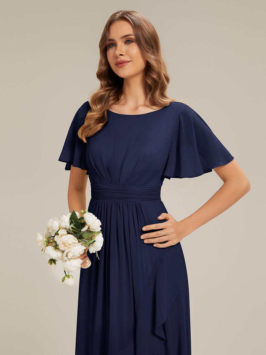 Ruched Chiffon Ruffle Sleeve Dress #color_Navy Blue