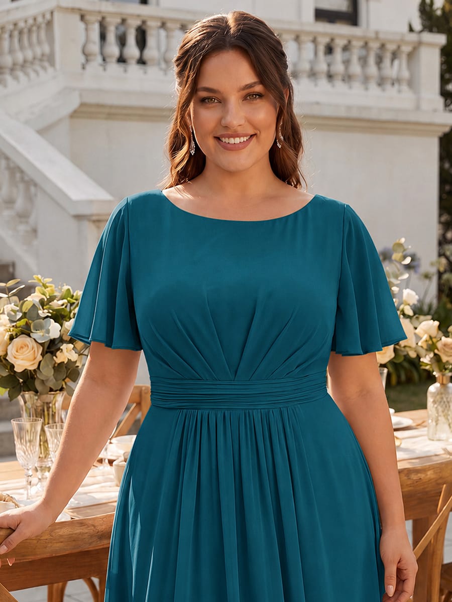 Ruched Chiffon Ruffle Sleeve Dress #color_Teal Blue