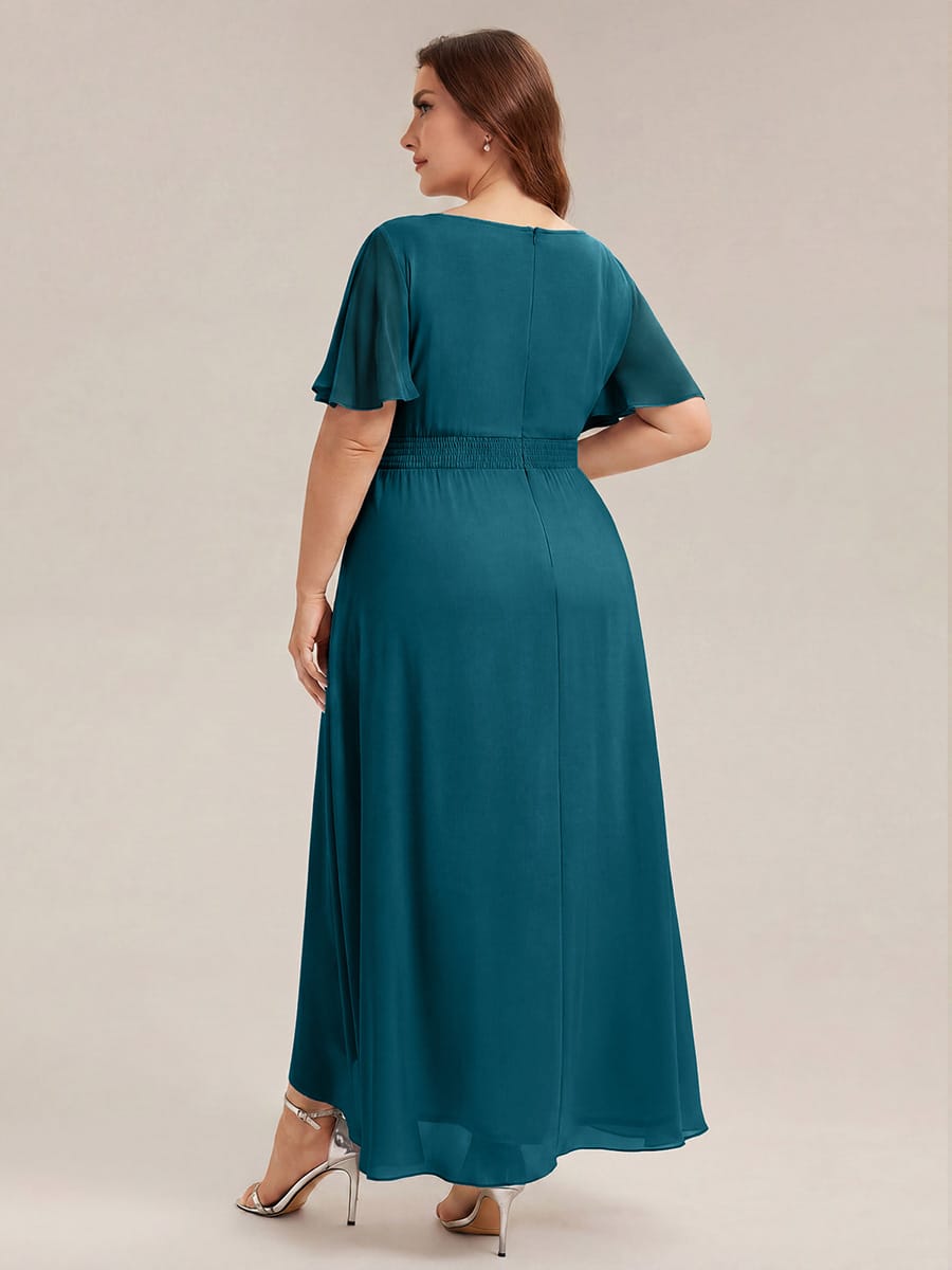 Ruched Chiffon Ruffle Sleeve Dress #color_Teal Blue