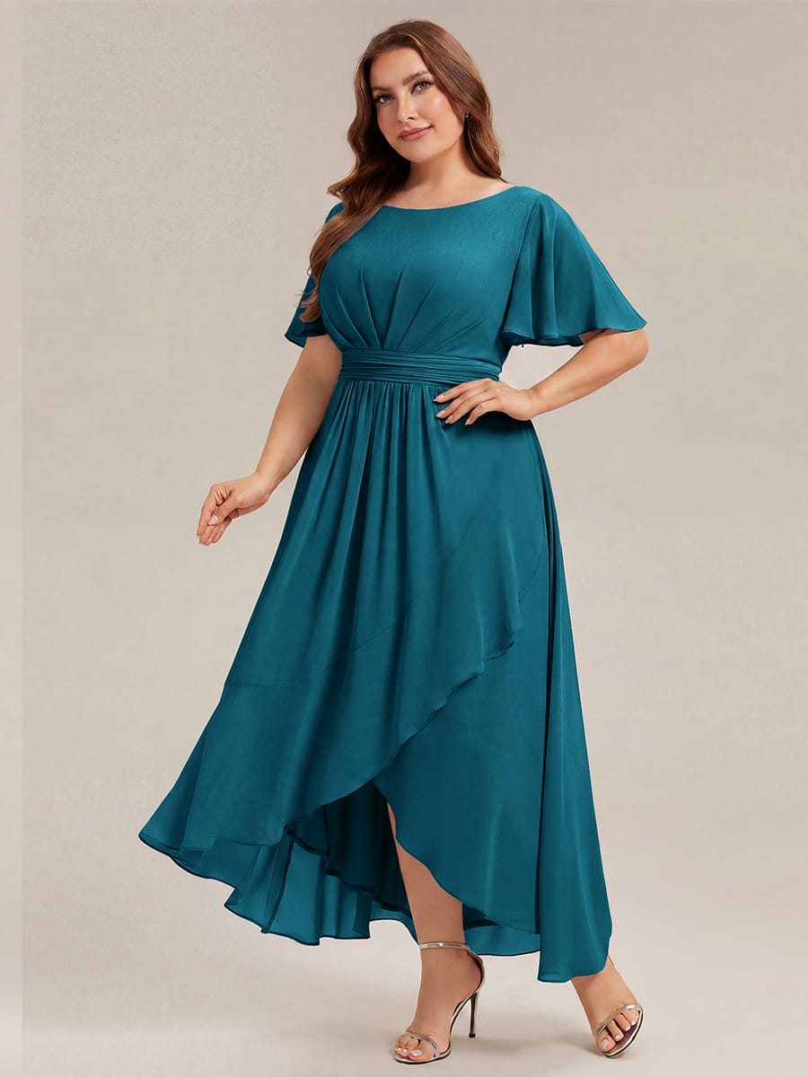 Ruched Chiffon Ruffle Sleeve Dress #color_Teal Blue