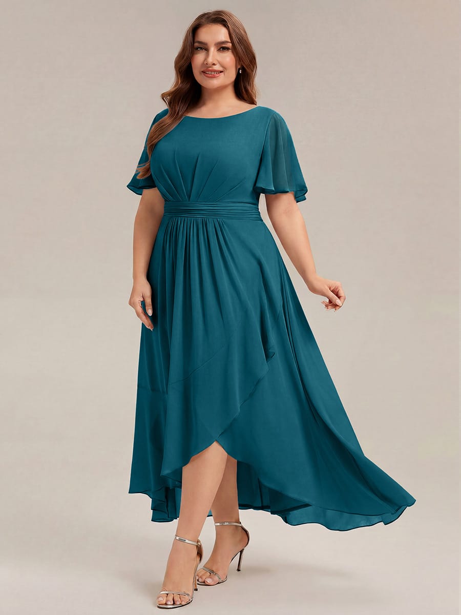 Ruched Chiffon Ruffle Sleeve Dress #color_Teal Blue