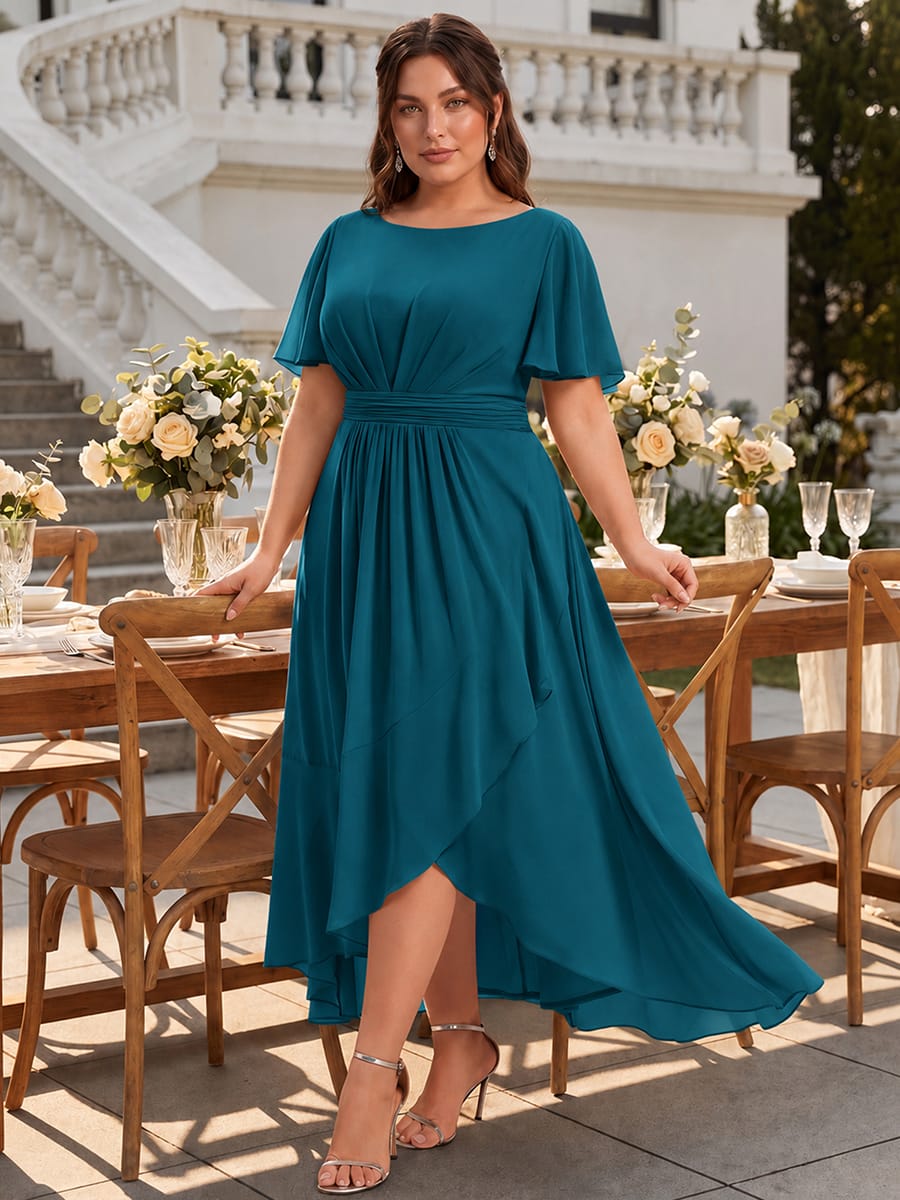 Ruched Chiffon Ruffle Sleeve Dress #color_Teal Blue