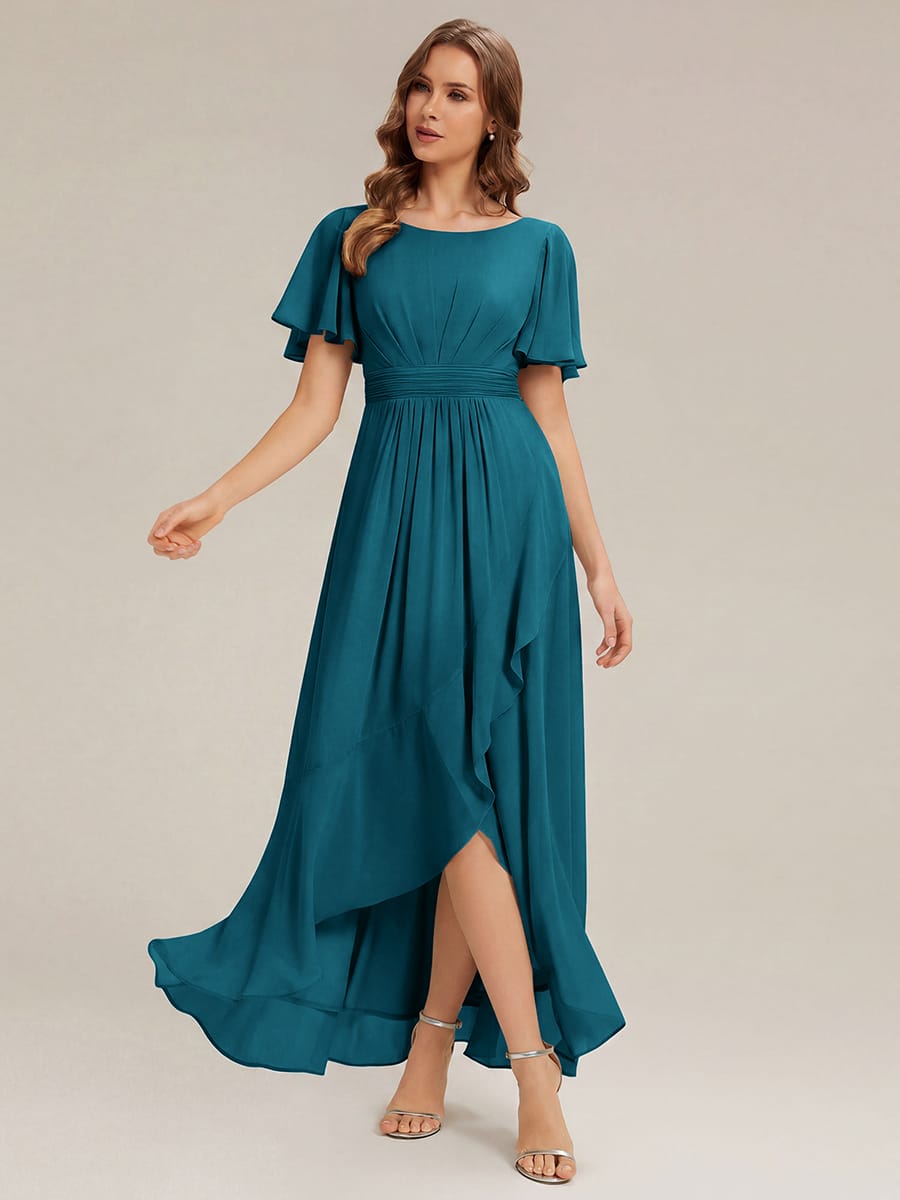 Ruched Chiffon Ruffle Sleeve Dress #color_Teal Blue