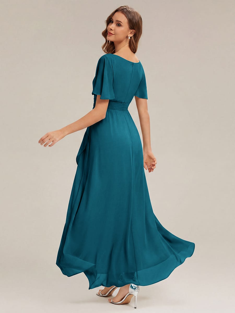 Ruched Chiffon Ruffle Sleeve Dress #color_Teal Blue