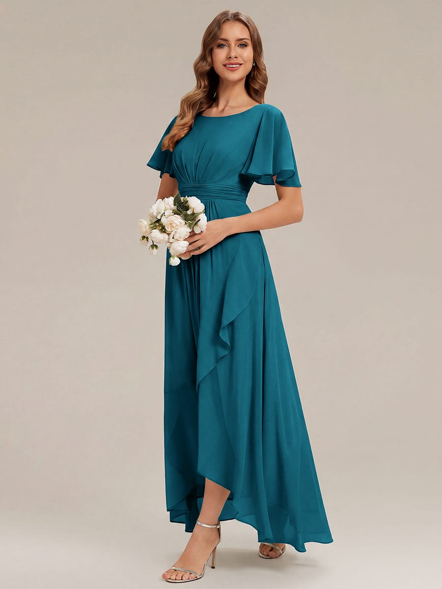 Ruched Chiffon Ruffle Sleeve Dress #color_Teal Blue