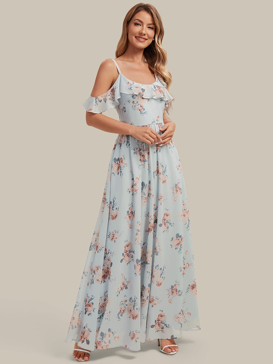 Thigh-High Slit Chiffon Ruffle Sleeve Dress #color_Amber Bloom