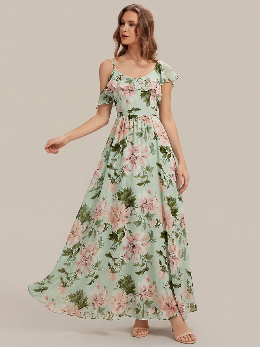 Thigh-High Slit Chiffon Ruffle Sleeve Dress #color_Light Green Floral