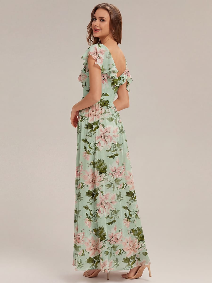 Thigh-High Slit Chiffon Ruffle Sleeve Dress #color_Light Green Floral