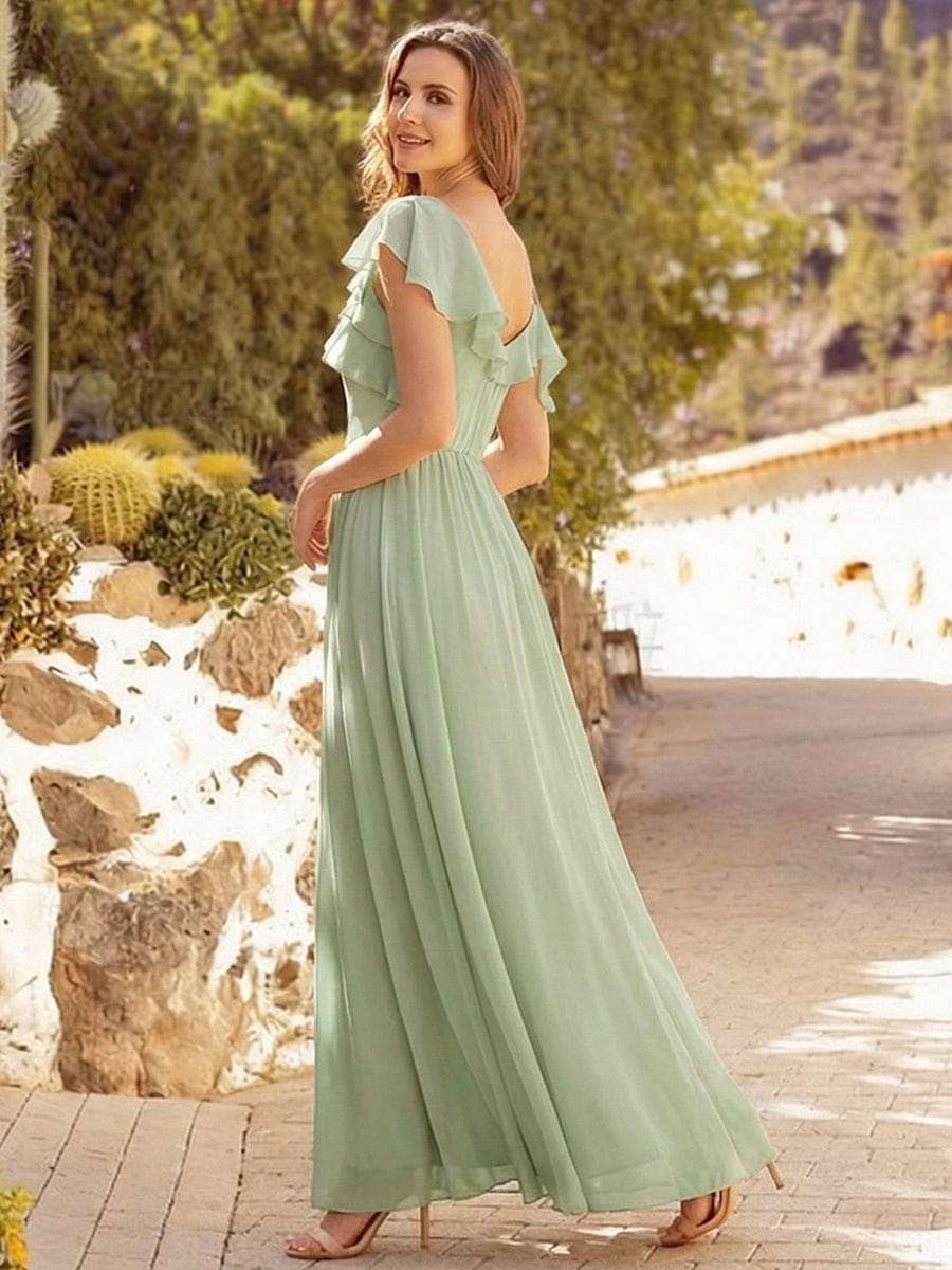 Thigh-High Slit Chiffon Ruffle Sleeve Dress #color_Mint Green