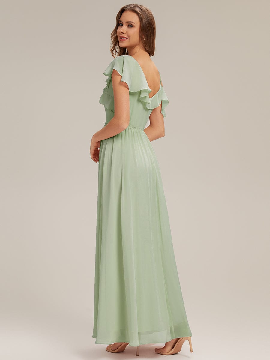 Thigh-High Slit Chiffon Ruffle Sleeve Dress #color_Mint Green