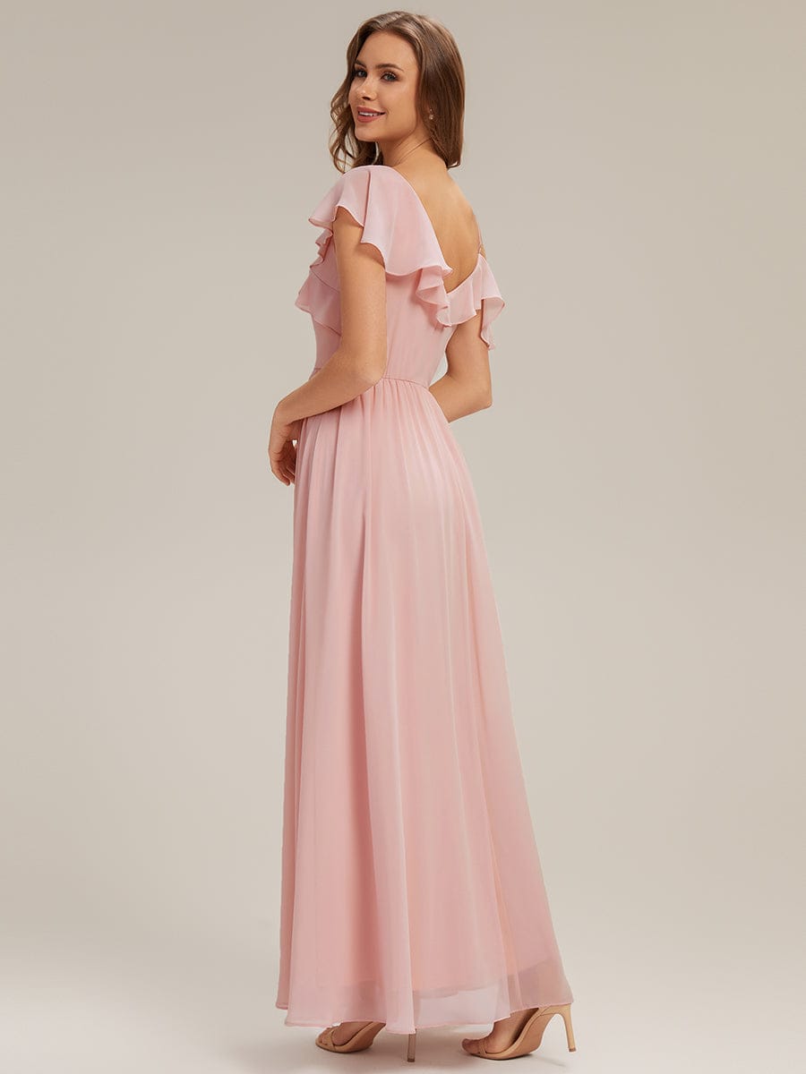 Thigh-High Slit Chiffon Ruffle Sleeve Dress #color_Pink