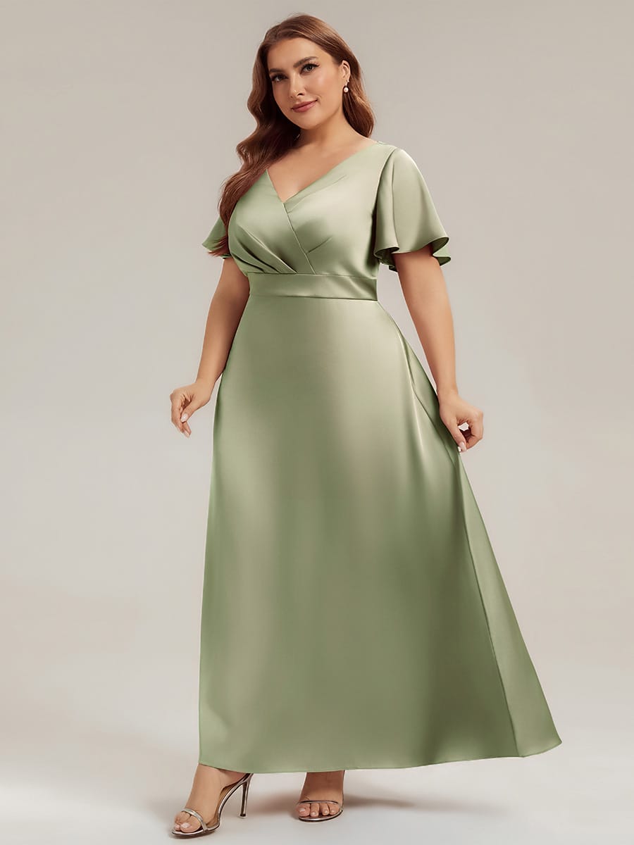 Satin Ruffle Sleeve A-Line Dress #color_Sage Green