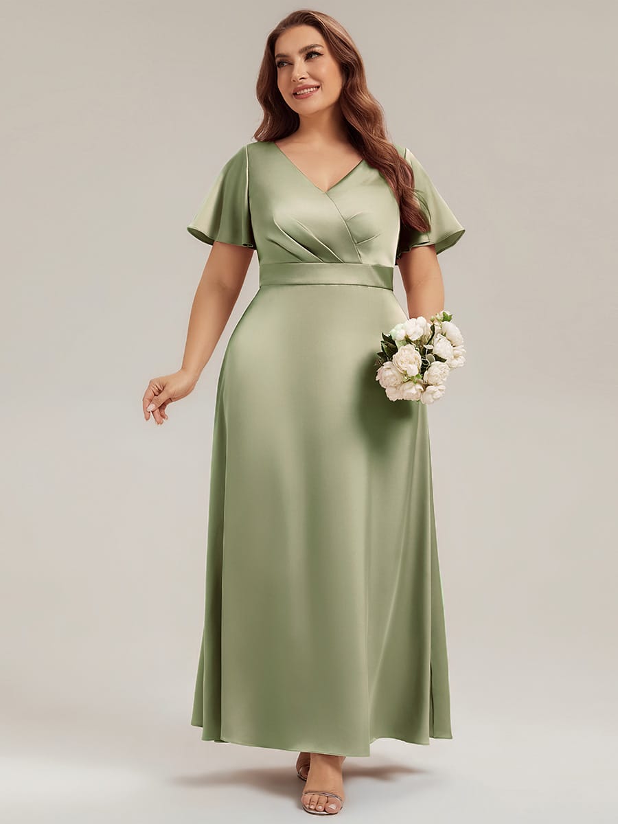 Satin Ruffle Sleeve A-Line Dress #color_Sage Green