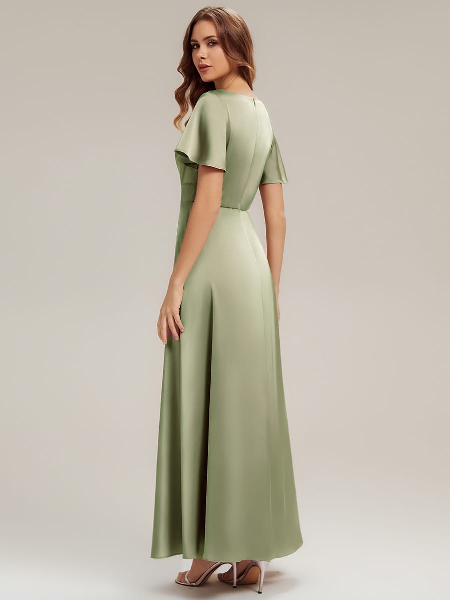 Satin Ruffle Sleeve A-Line Dress #color_Sage Green