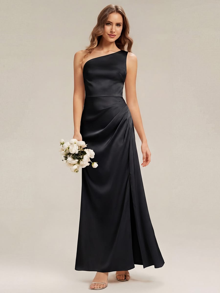 Thigh-High Slit Satin Sleeveless Dress #color_Black