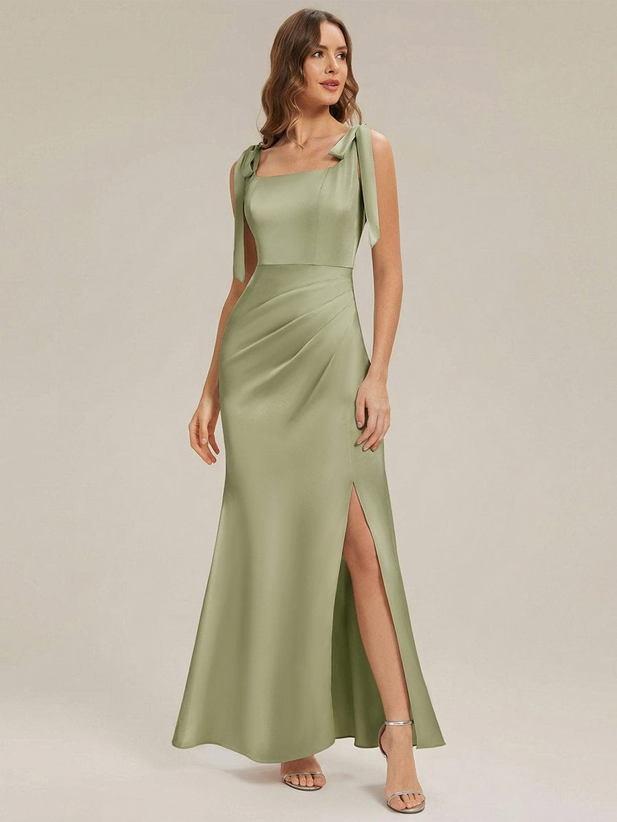 Flowing Ribbons Satin Sleeveless Dress #color_Sage Green