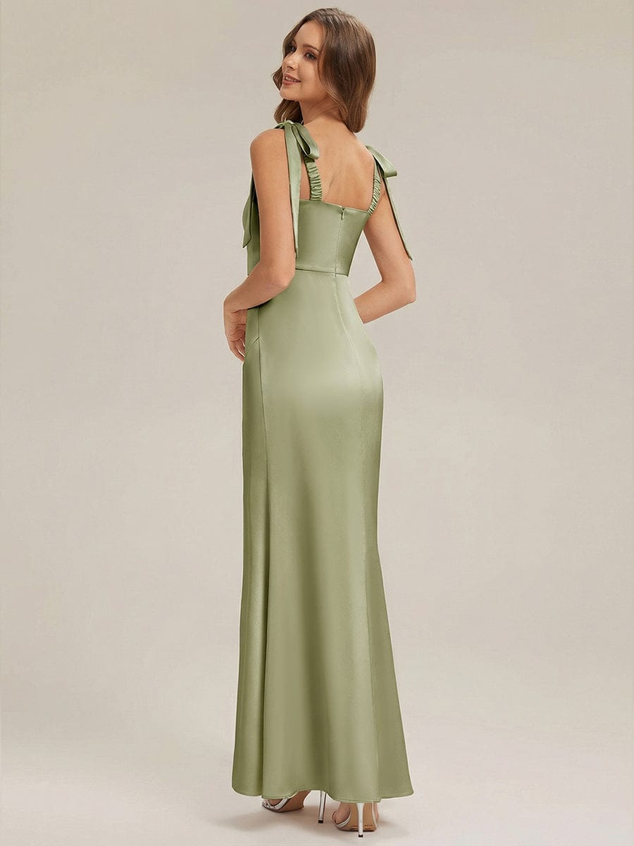 Flowing Ribbons Satin Sleeveless Dress #color_Sage Green