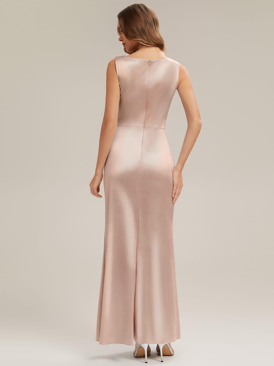 Thigh-High Slit Satin Sleeveless Dress #color_Champagne