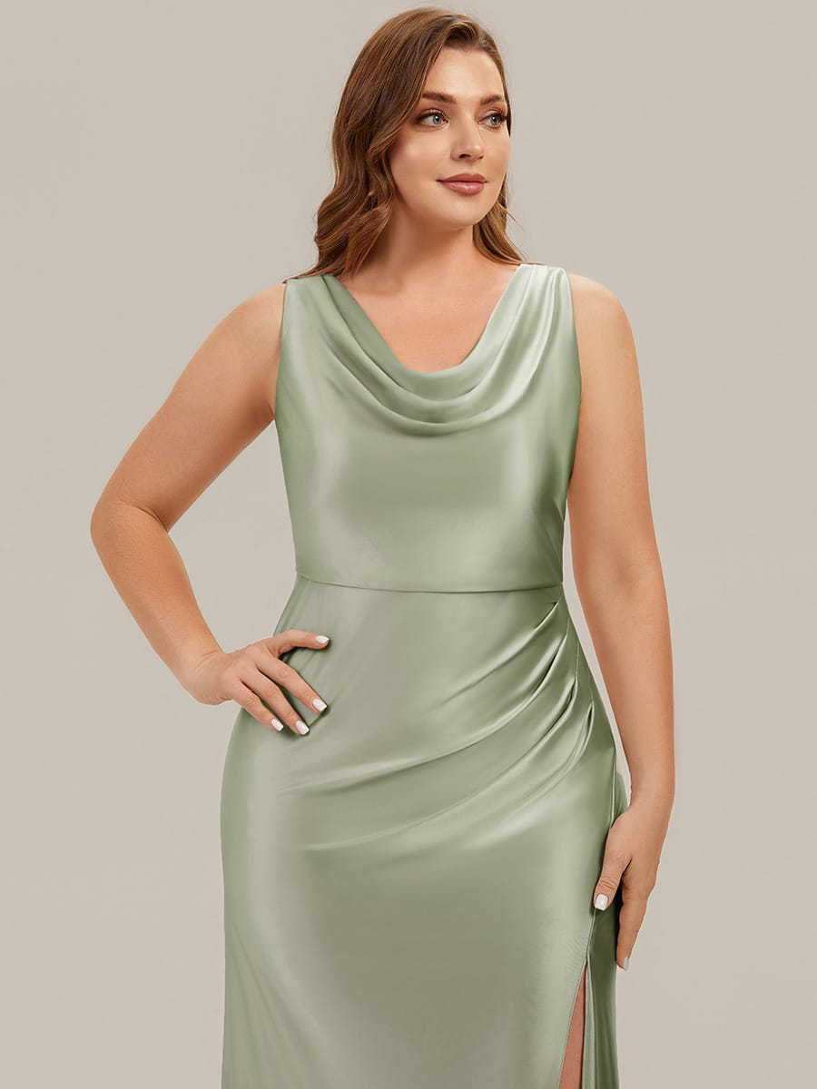 Thigh-High Slit Satin Sleeveless Dress #color_Sage Green