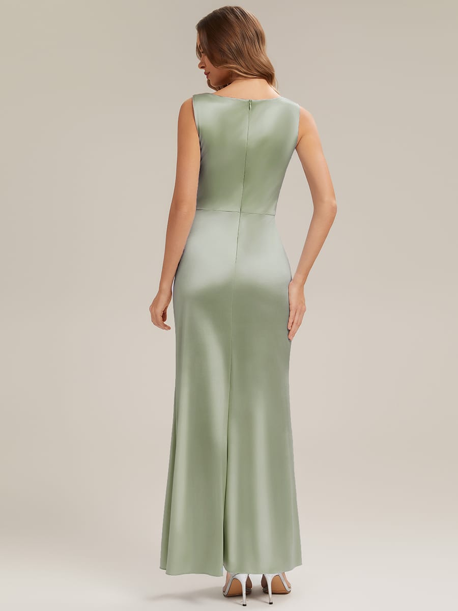 Thigh-High Slit Satin Sleeveless Dress #color_Sage Green