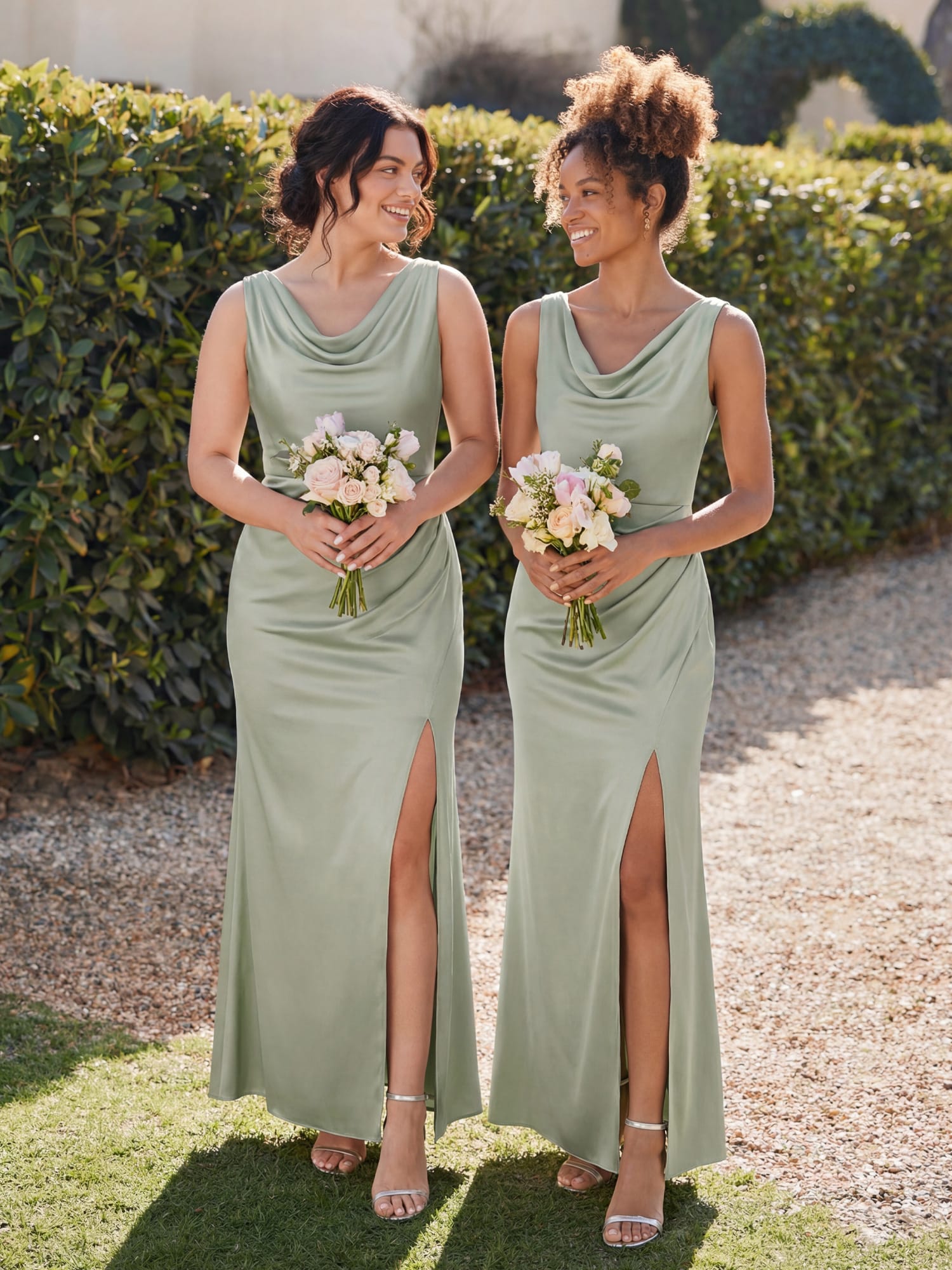 Thigh-High Slit Satin Sleeveless Dress #color_Sage Green