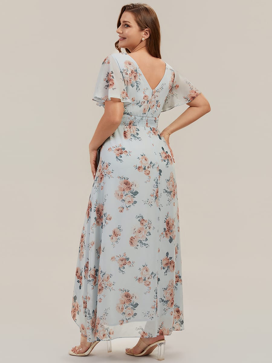 Ruched Chiffon Ruffle Sleeve Dress #color_Amber Bloom