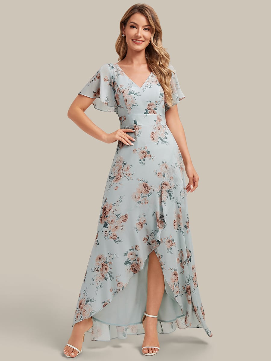 Ruched Chiffon Ruffle Sleeve Dress #color_Amber Bloom