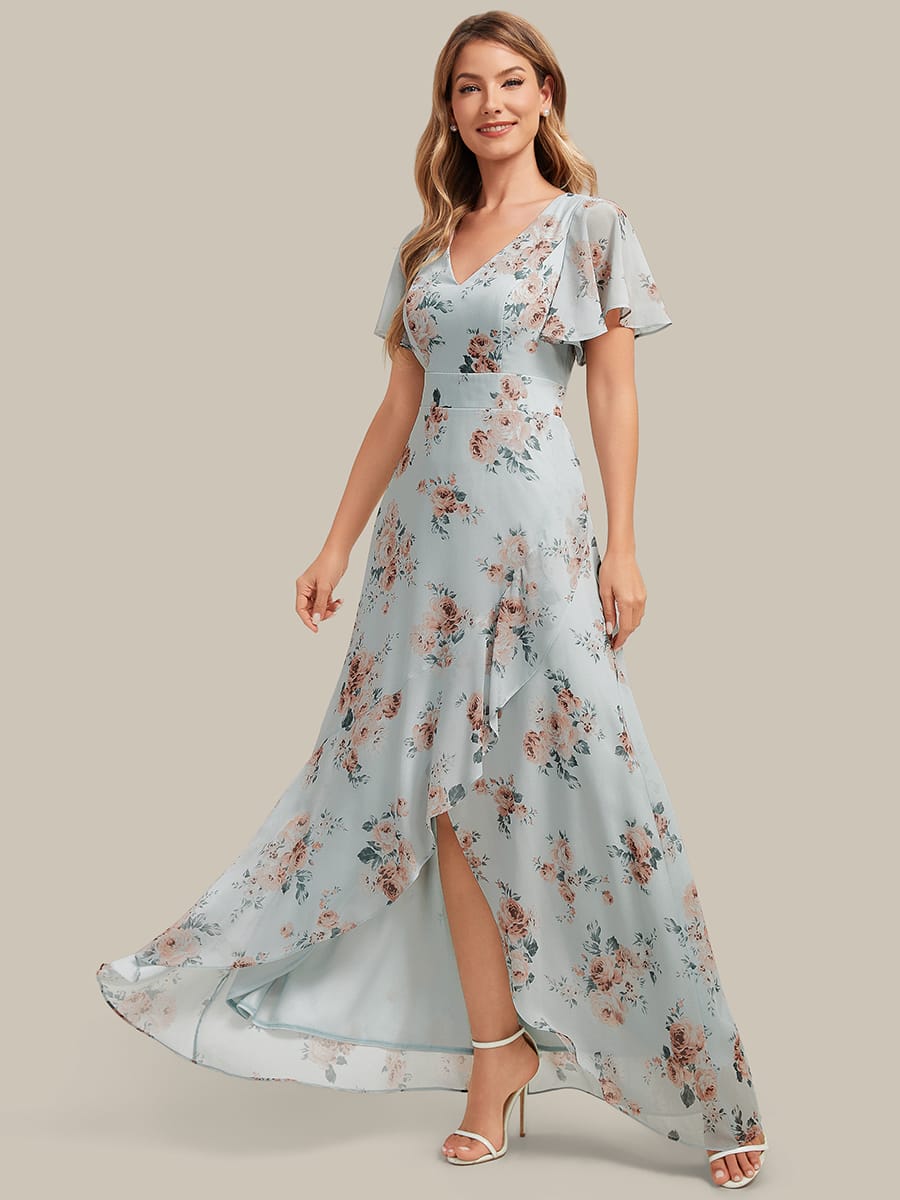 Ruched Chiffon Ruffle Sleeve Dress #color_Amber Bloom
