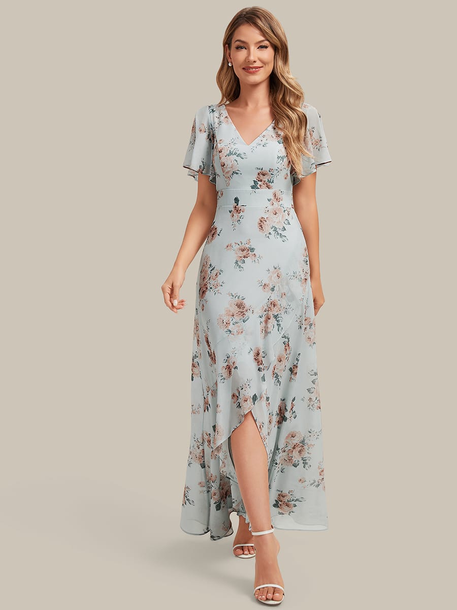 Ruched Chiffon Ruffle Sleeve Dress #color_Amber Bloom