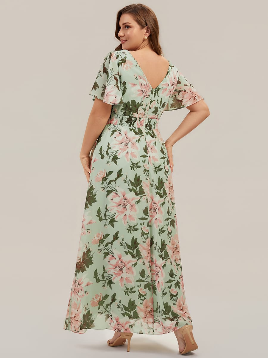 Ruched Chiffon Ruffle Sleeve Dress #color_Light Green Floral