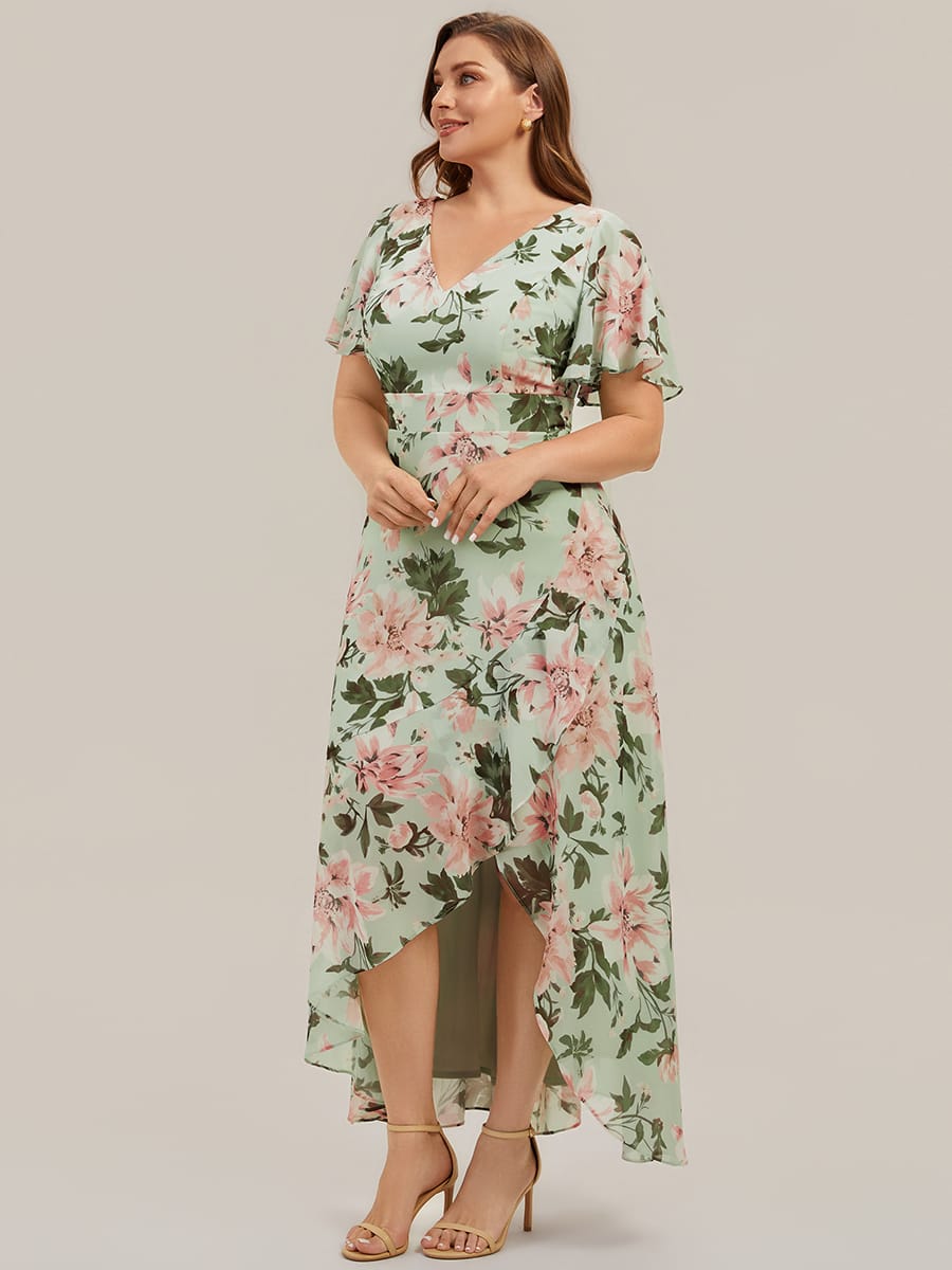 Ruched Chiffon Ruffle Sleeve Dress #color_Light Green Floral