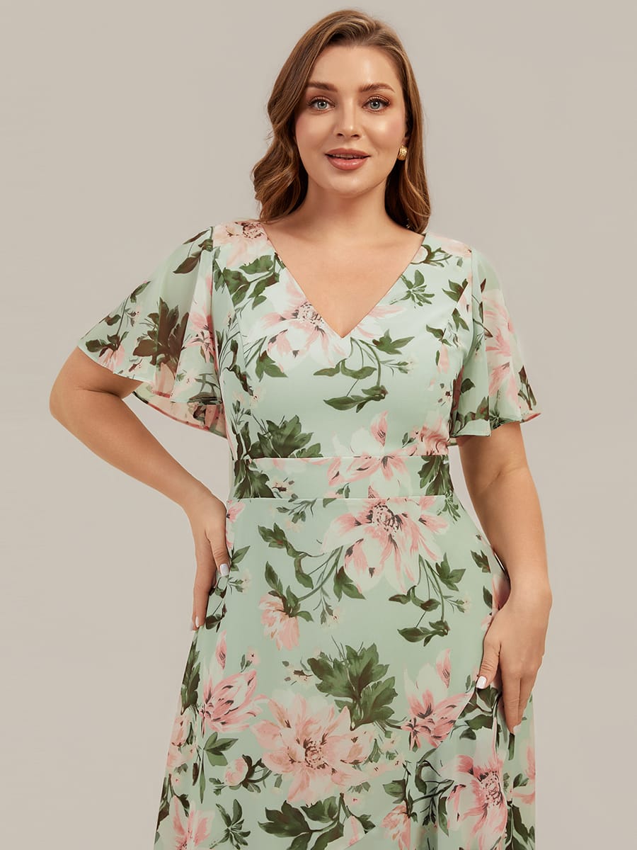 Ruched Chiffon Ruffle Sleeve Dress #color_Light Green Floral