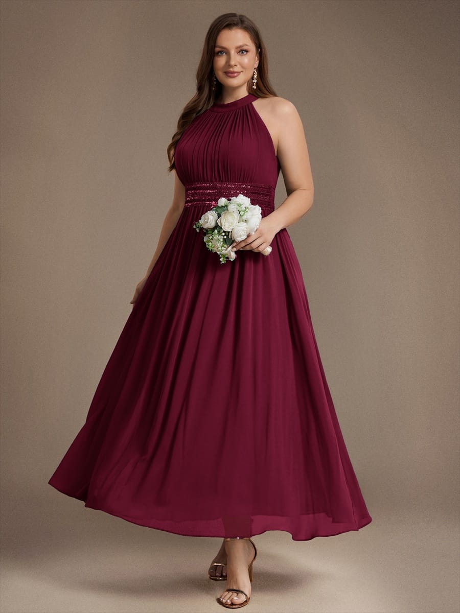 Chiffon Sleeveless A-line Dress #color_Burgundy