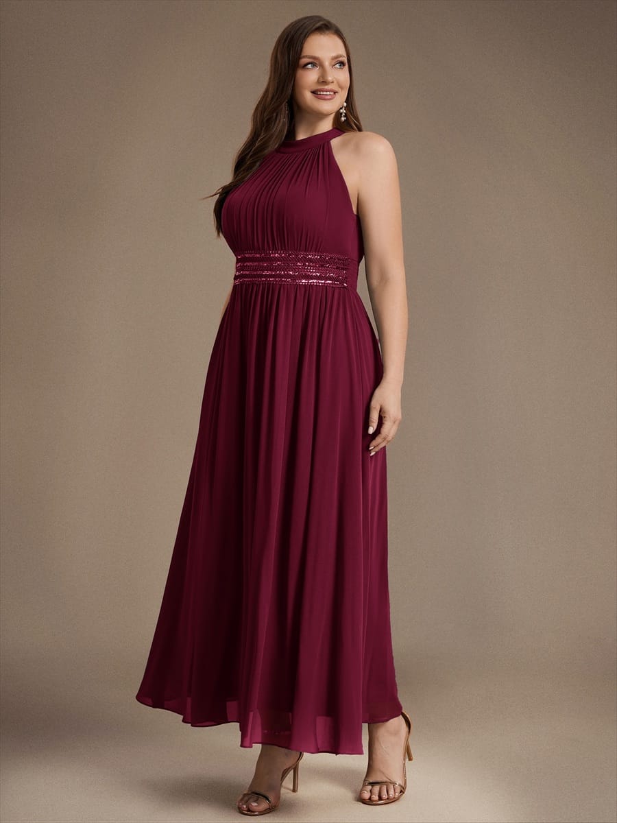 Chiffon Sleeveless A-line Dress #color_Burgundy