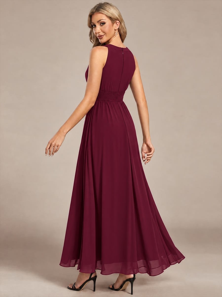Chiffon Sleeveless A-line Dress #color_Burgundy