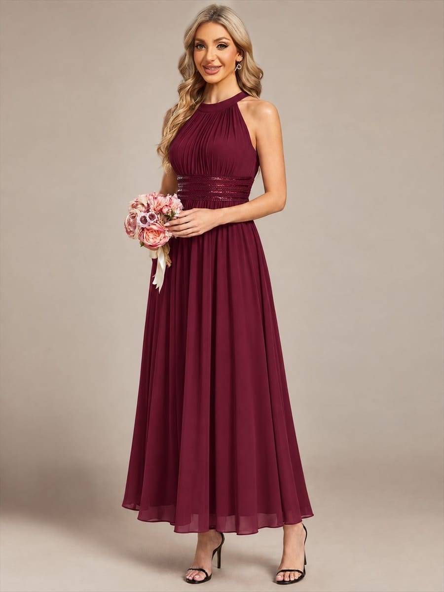 Chiffon Sleeveless A-line Dress #color_Burgundy