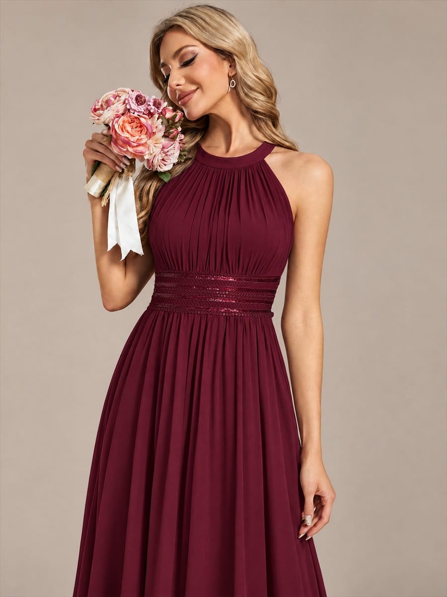 Chiffon Sleeveless A-line Dress #color_Burgundy