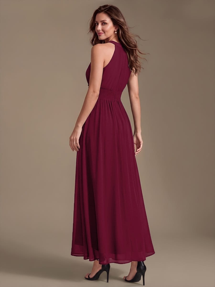 Chiffon Sleeveless A-line Dress #color_Burgundy