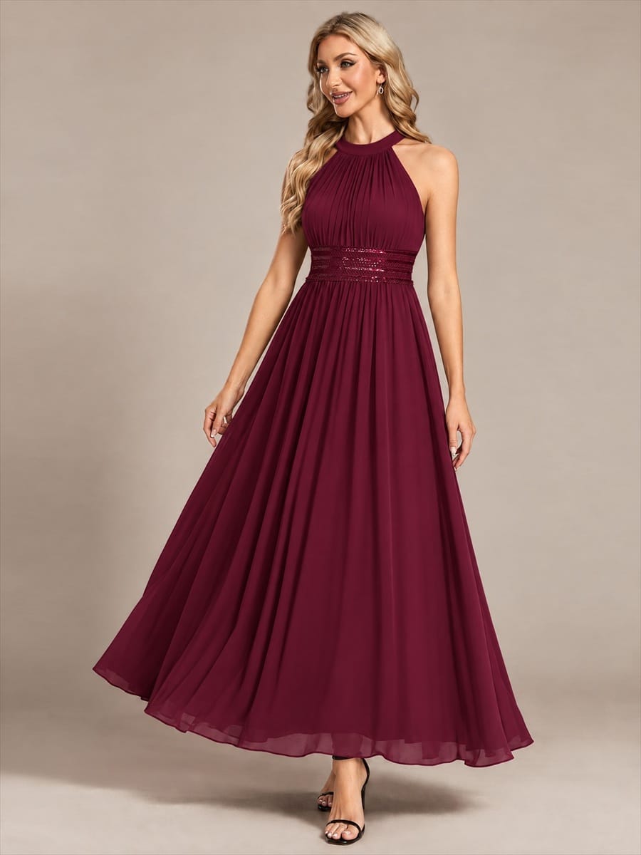Chiffon Sleeveless A-line Dress #color_Burgundy