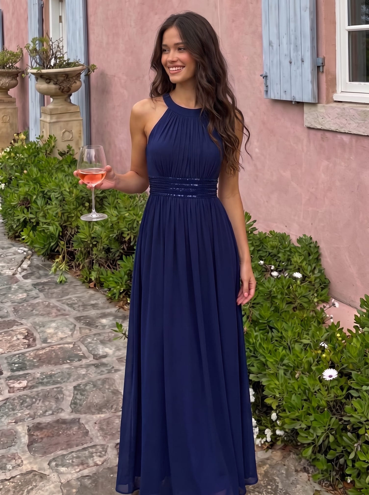 Chiffon Sleeveless A-line Dress #color_Navy Blue