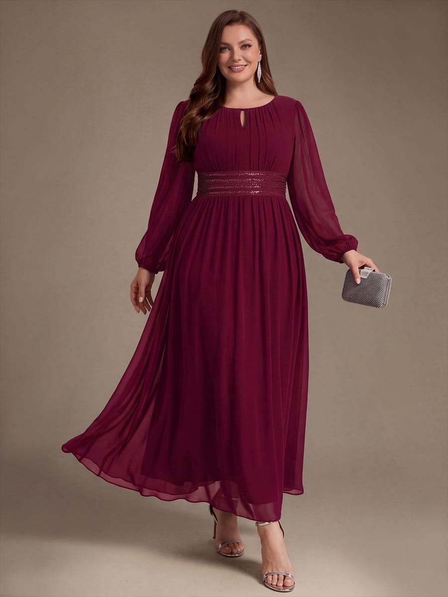 Chiffon Maxi Length Round neckline A-line Puff sleeves bridesmaid dress #color_Burgundy