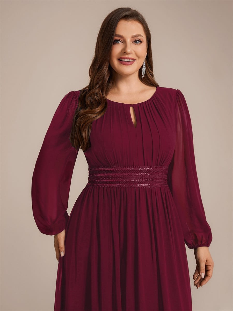Chiffon Maxi Length Round neckline A-line Puff sleeves bridesmaid dress #color_Burgundy