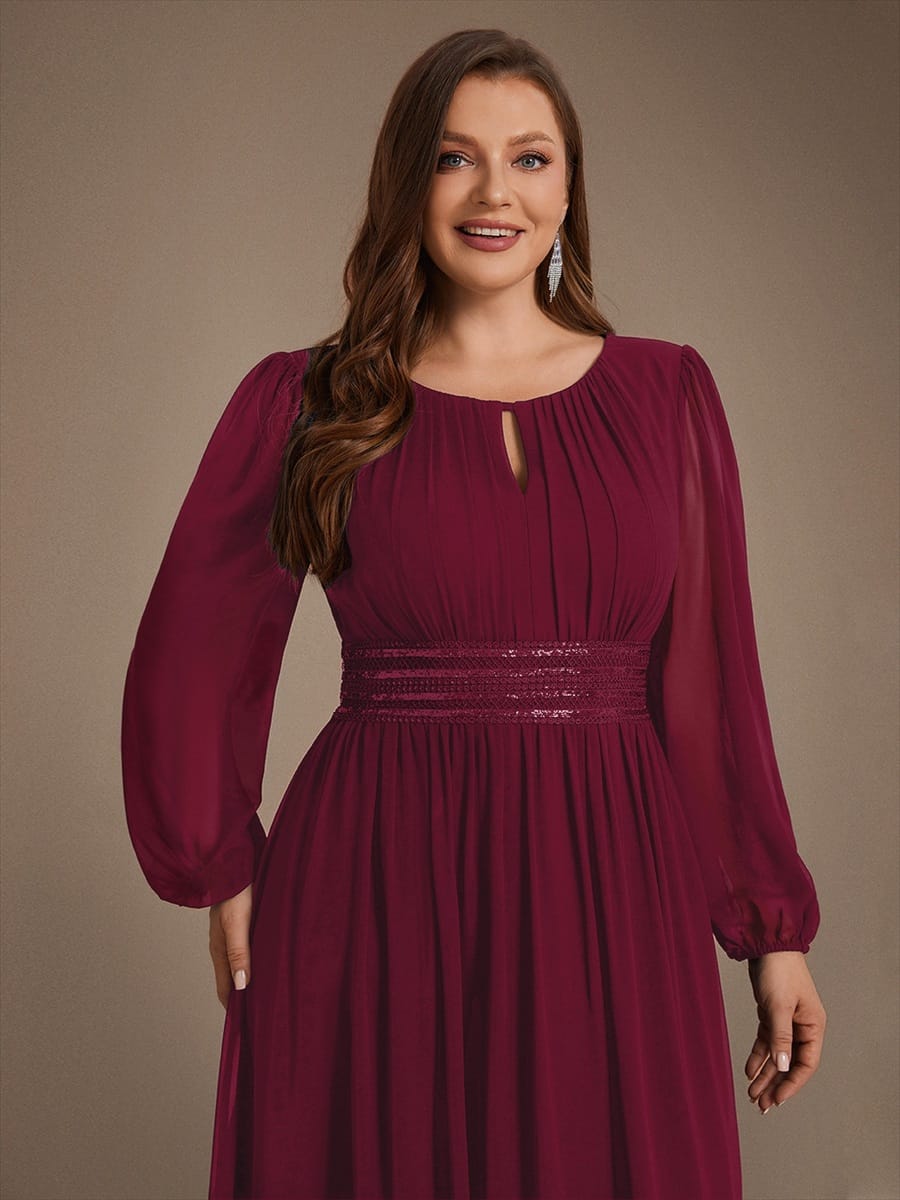 Chiffon Maxi Length Round neckline A-line Puff sleeves bridesmaid dress #color_Burgundy