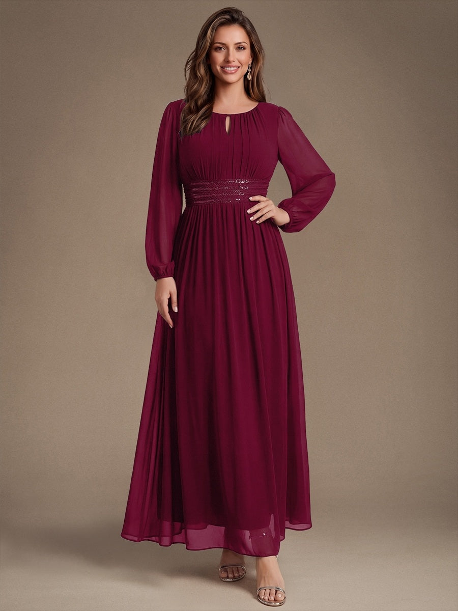 Chiffon Maxi Length Round neckline A-line Puff sleeves bridesmaid dress #color_Burgundy