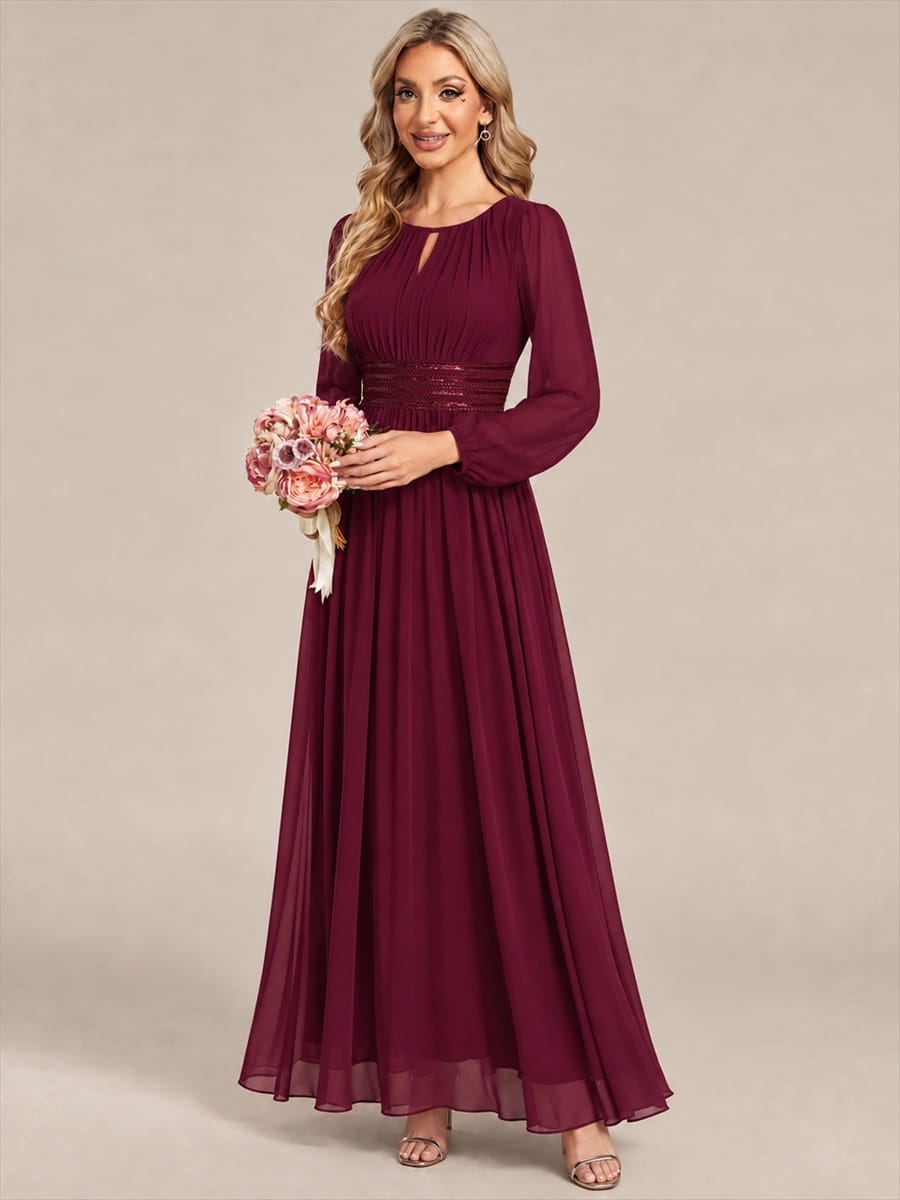 Chiffon Maxi Length Round neckline A-line Puff sleeves bridesmaid dress #color_Burgundy