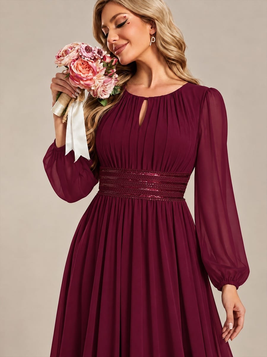 Chiffon Maxi Length Round neckline A-line Puff sleeves bridesmaid dress #color_Burgundy